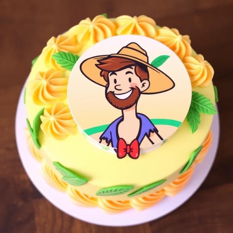 Butter yellow celebration cake topped with an edible printed island adventurer portrait