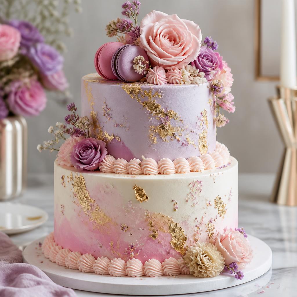 Two-tier luxury pastel cake with gold leaf and flowers