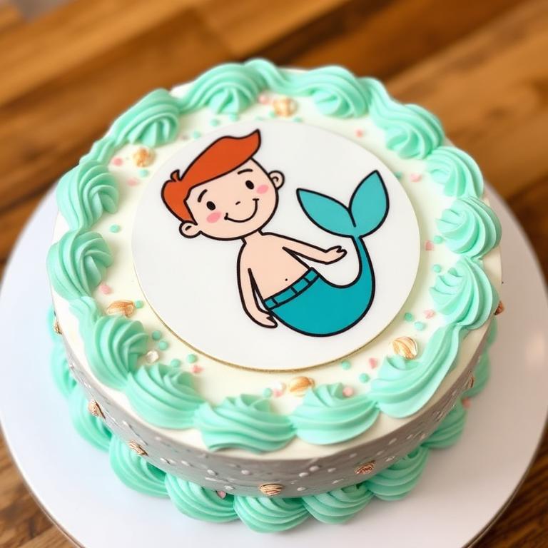 Aqua celebration cake topped with an edible printed mermaid-style character portrait