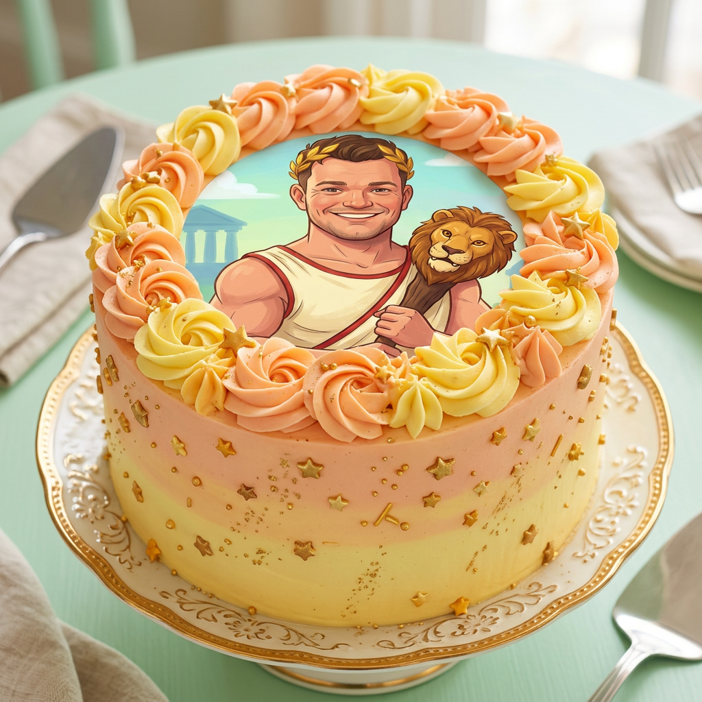 Celebration cake topped with an edible printed mythological strongman portrait