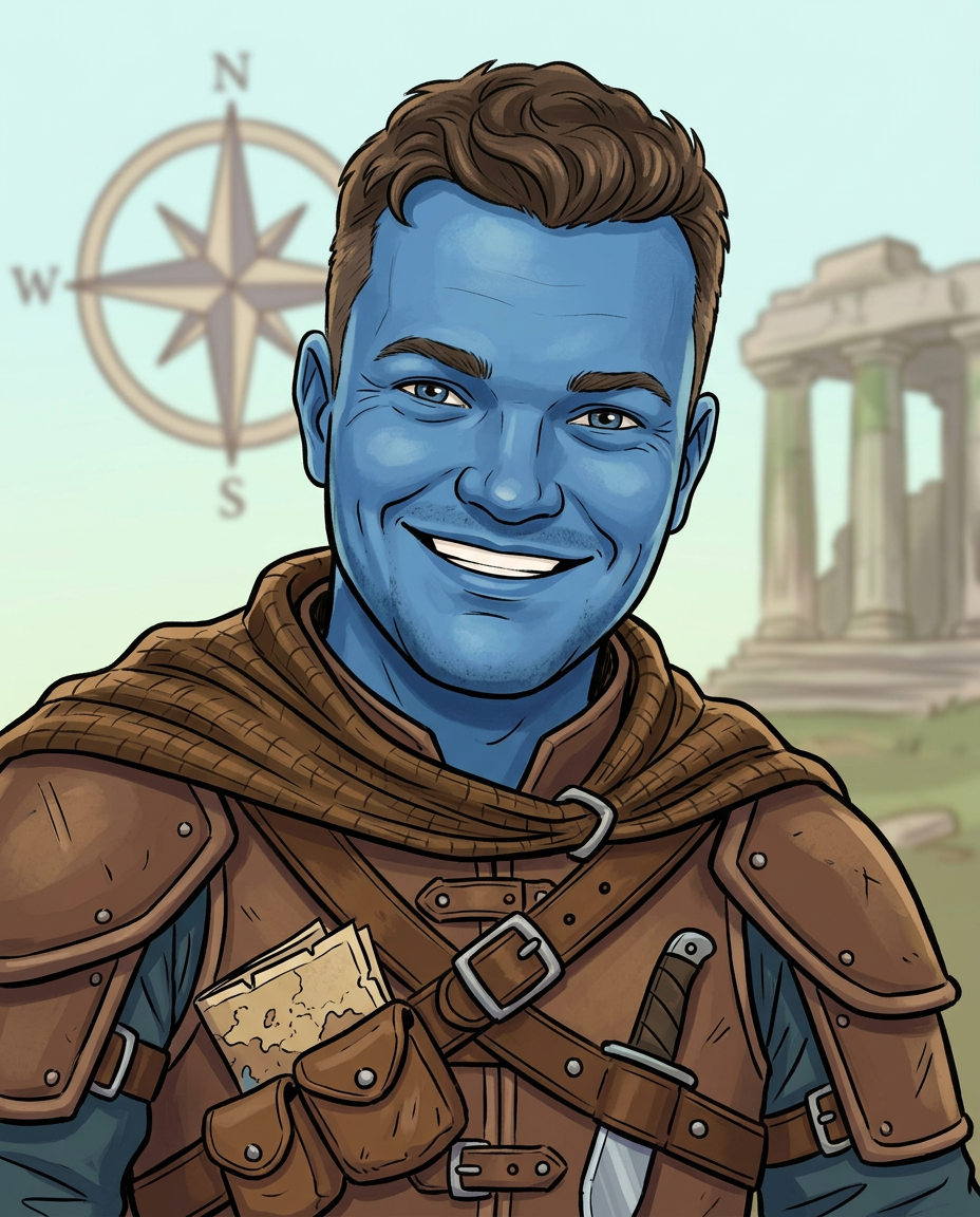Original blue-skinned fantasy adventurer cartoon portrait