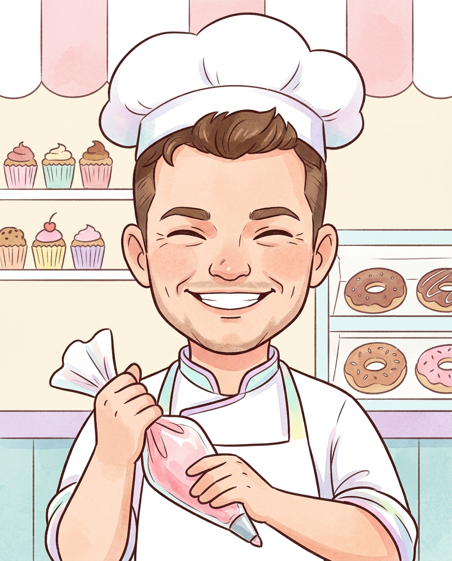 Original cute animated pastry chef cartoon portrait
