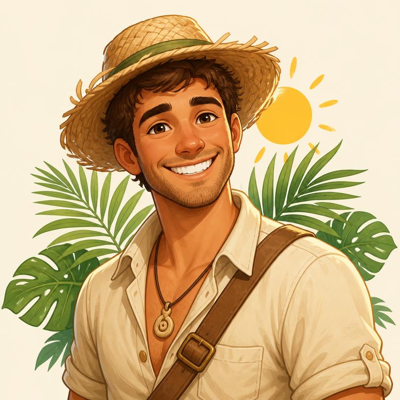 Original tropical island adventurer cartoon portrait