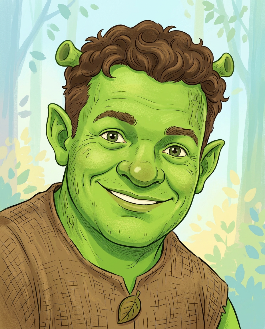 Original green fantasy ogre cartoon portrait created from a customer photograph
