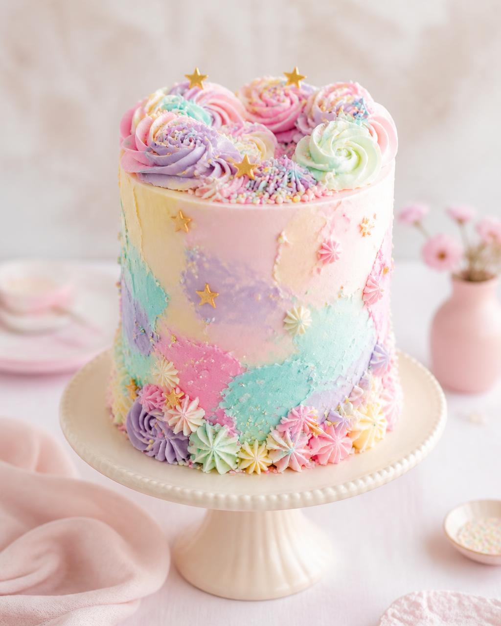 Tall pastel celebration cake with pink, lavender and aqua buttercream swirls, gold stars and sprinkles on a cream cake stand